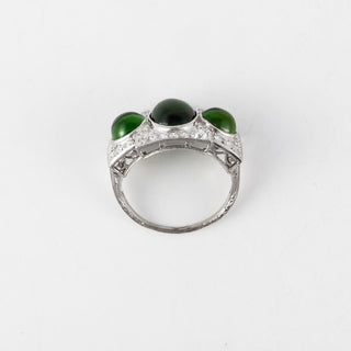 Art Deco Platinum Cabochon Chrome Diopside 3 Stone Ring with Diamonds