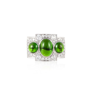 Art Deco Platinum Cabochon Chrome Diopside 3 Stone Ring with Diamonds