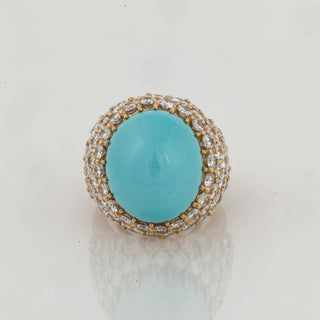 Vintage 1970s 18K Gold Turquoise & Diamond Dome Ring