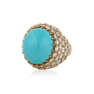 Vintage 1970s 18K Gold Turquoise & Diamond Dome Ring
