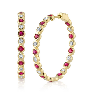 Shy Creation 14K Gold Bezel-Set Ruby & Diamond Hoop Earrings