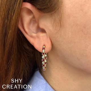 Shy Creation 14K Gold Bezel-Set Ruby & Diamond Hoop Earrings