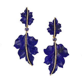 Tenenbaum Carved Lapis Leaf Earrings with Diamonds & Iolite