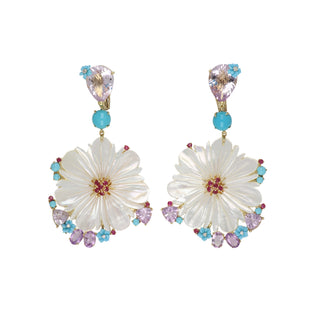 Estate 18K Gemset Carved Mother Of Pearl Flower Earrings