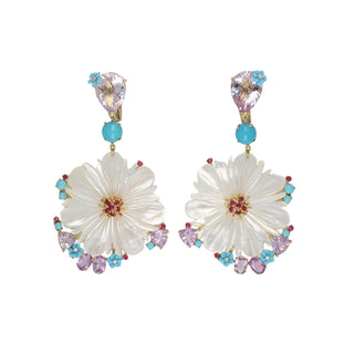 Estate 18K Gemset Carved Mother Of Pearl Flower Earrings