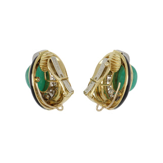 Estate David Webb Two-Tone Cabochon Emerald, Black Enamel & Diamond Earrings