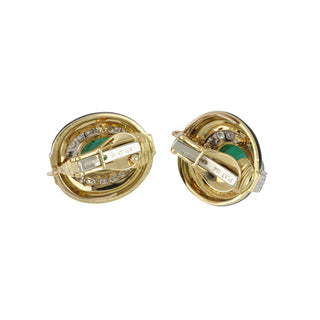 Estate David Webb Two-Tone Cabochon Emerald, Black Enamel & Diamond Earrings