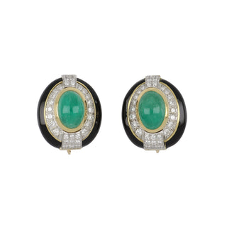 Estate David Webb Two-Tone Cabochon Emerald, Black Enamel & Diamond Earrings