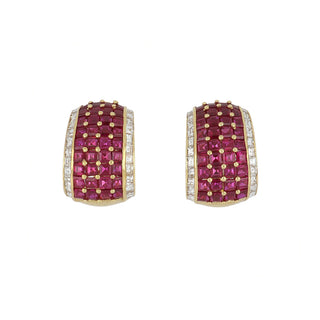 Vintage 1990s 18K Gold Square-Cut Ruby Clip Earrings with Diamonds