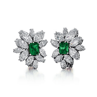 Vintage 1980s Platinum Emerald & Marquise Diamond Cluster Earrings