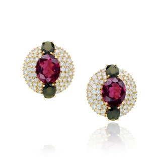 Estate Hammerman Bros. 18K Gold Rubellite & Green Tourmaline Button Earrings with Diamonds