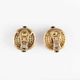 Estate Hammerman Bros. 18K Gold Rubellite & Green Tourmaline Button Earrings with Diamonds