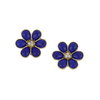 18K Carved Lapis Flower Stud Earrings with Diamonds