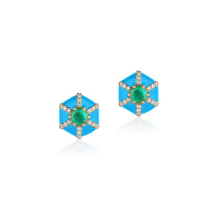Goshwara 18K Queen Emerald Hexagon Studs with Enamel