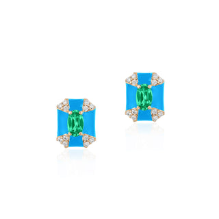 Goshwara 18K Queen Emerald Octagon Stud Earrings with Turquoise Enamel