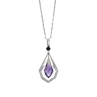 Art Deco Platinum Amethyst, Onyx & Diamond Lavalier Pendant Necklace