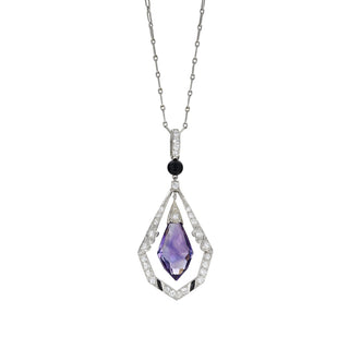 Art Deco Platinum Amethyst, Onyx & Diamond Lavalier Pendant Necklace