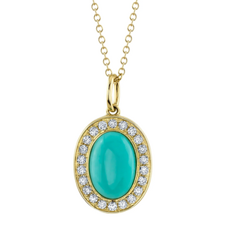 Shy Creation 14K Gold Oval Turquoise Pendant Necklace with Diamonds