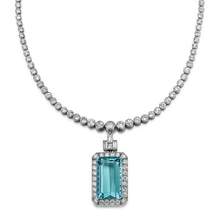 Estate Platinum Aquamarine and Diamond Pendant Necklace