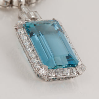 Estate Platinum Aquamarine and Diamond Pendant Necklace