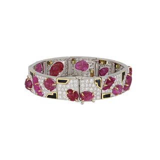 Vintage David Webb Two-Tone Carved Ruby, Diamond and Enamel Bracelet