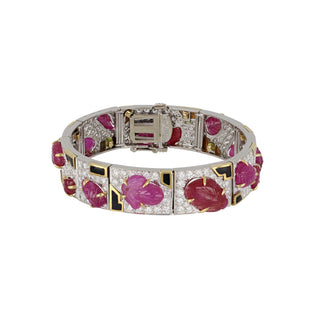 Vintage David Webb Two-Tone Carved Ruby, Diamond and Enamel Bracelet
