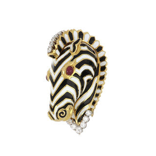 Important Vintage David Webb Two-Tone Enamel Zebra Brooch
