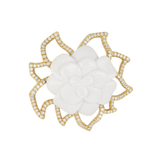 Estate Chanel 18K Gold White Agate Camellia Brooch with Diamonds