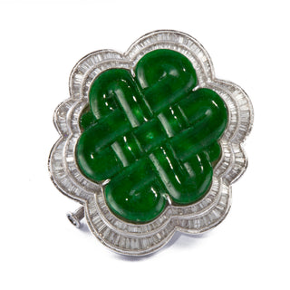 Vintage 18K White Gold Carved Jadeite Brooch with Diamonds