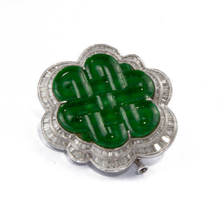 Vintage 18K White Gold Carved Jadeite Brooch with Diamonds