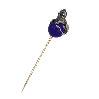 Late Victorian Lapis Bead Stick Pin with Lion