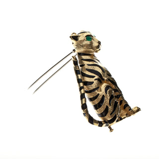 Estate David Webb 18K Gold Enameled Tiger Brooch with Emeralds