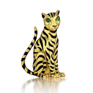 Estate David Webb 18K Gold Enameled Tiger Brooch with Emeralds