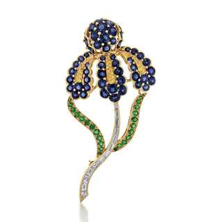 Estate Oscar Heyman 18K Gold Sapphire, Emerald & Diamond Iris Brooch