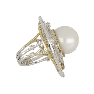 Estate 18K Two-Tone Gold South Sea Pearl and Diamond Orbit Ring