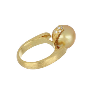 Estate 14K Gold Golden South Sea Pearl Bypass Ring with Diamonds