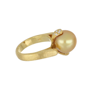 Estate 14K Gold Golden South Sea Pearl Bypass Ring with Diamonds