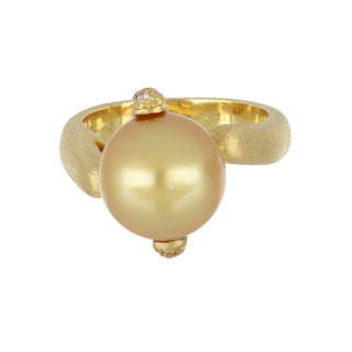 Estate 14K Gold Golden South Sea Pearl Bypass Ring with Diamonds