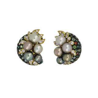 Estate Marilyn Cooperman 18K Gold Multicolored Gemstone and Pearl Cluster Earrings