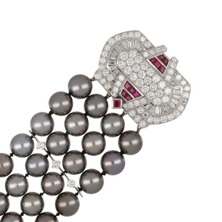 Vintage David Webb Platinum Tahitian Pearl Bracelet with Diamonds & Rubies