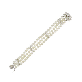 Mid-Century 14K White Gold Cultured Pearl Three Row Bracelet