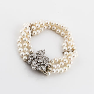 Retro 1940s 14K White Gold Three Strand Pearl Bracelet