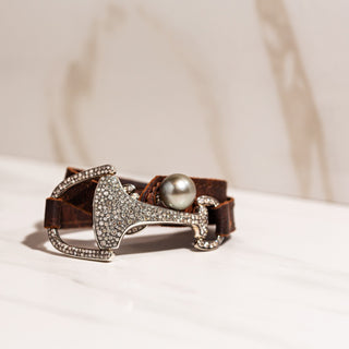 Vincent Peach Sterling Silver Diamond Horse Bit Leather Wrap Bracelet and Pearl