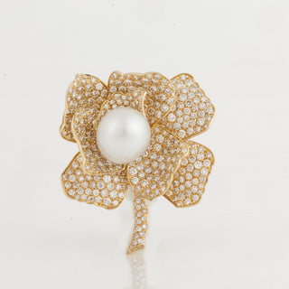 Vintage Tallarico 18K Gold Diamond Flower Brooch with Pearl