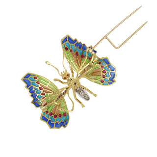 Vintage 1980s 18K Gold Gem Set Enamel En Tremblant Butterfly Brooch with Diamonds