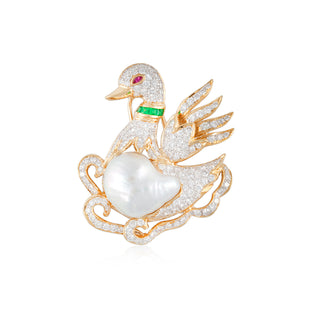 Estate 18K Gold Baroque Pearl, Diamond & Gemset Swan Pin