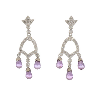 Vintage/Estate White 14K Gold Amethysts Drop Earrings with Diamonds