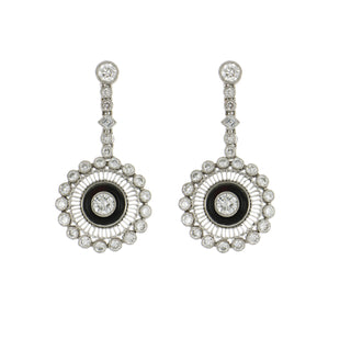Estate 18K White Gold Diamond Drop Earrings with Onyxes