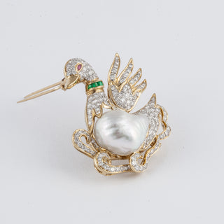 Estate 18K Gold Baroque Pearl, Diamond & Gemset Swan Pin