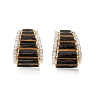 Estate David Webb 18K Gold and Platinum Black Enamel Fluted Clip Earrings